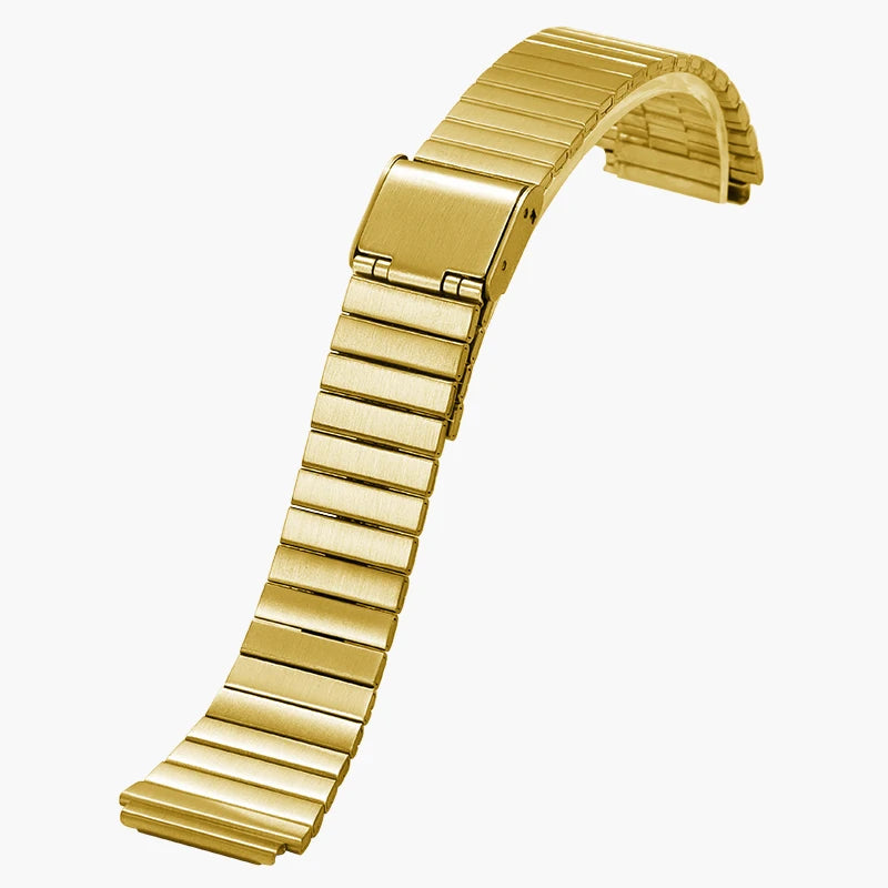 Goldfarbener Edelstahlarmband mit Gliederkette und Schnalle, von der Seite gezeigt.