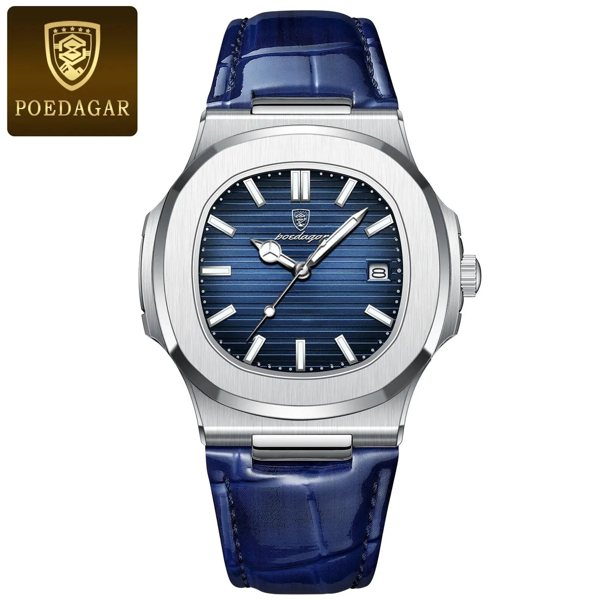 A stainless steel and blue leather watch with a dark blue dial and silver hands on a wrist.