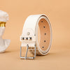 A white leather belt with silver rivets and a buckle is displayed next to a white bust.