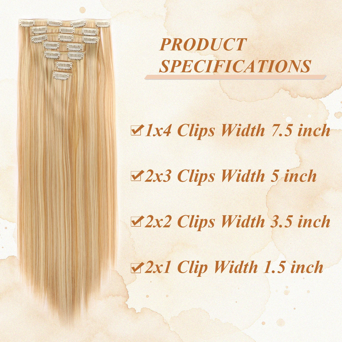 A bundle of long, straight blonde hair extensions with various sized silver clips for styling.