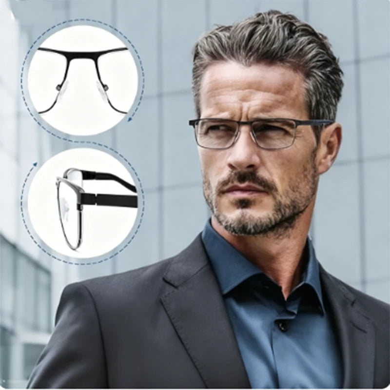 A man wearing eyeglasses is shown alongside inset images of the glasses.