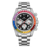 A silver watch with a black dial, pink and red accents, and a diamond-studded bezel.