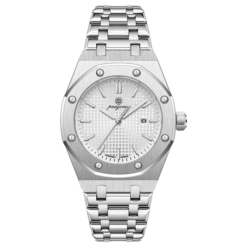 A silver-toned luxury square quartz men's watch with a metal bracelet and luminous features.