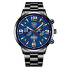 A close-up view of a men's stainless steel quartz watch with a blue dial and silver hands on a black strap.