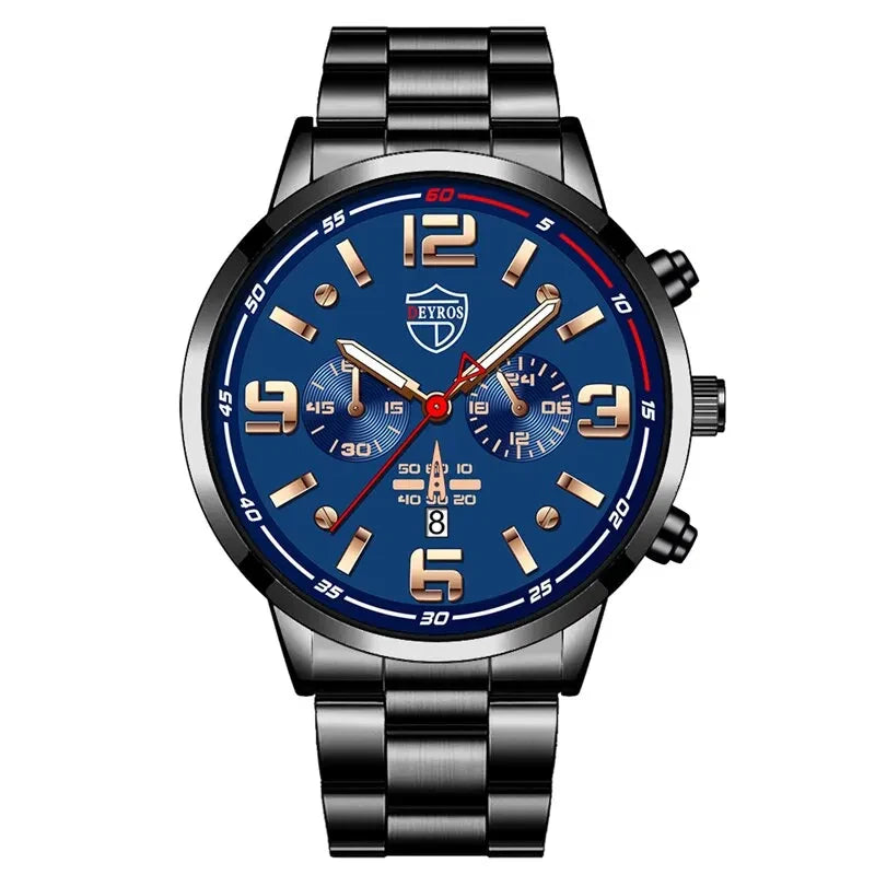 A close-up view of a men's stainless steel quartz watch with a blue dial and silver hands on a black strap.