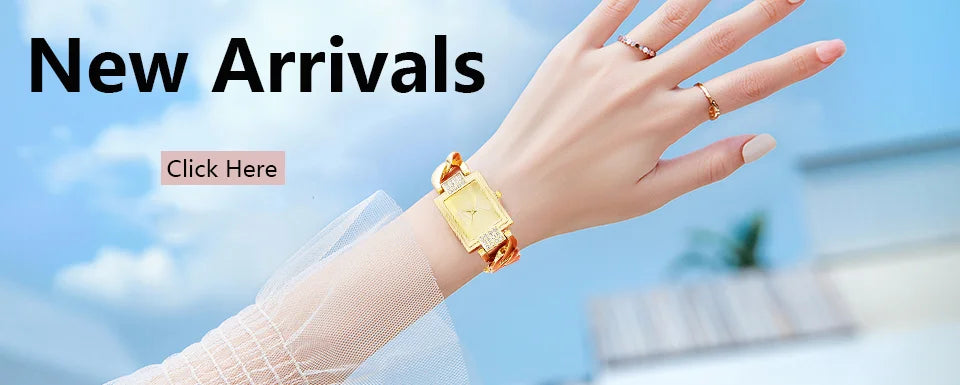 A hand wearing a gold plated quartz fashion watch is shown next to text announcing new arrivals.