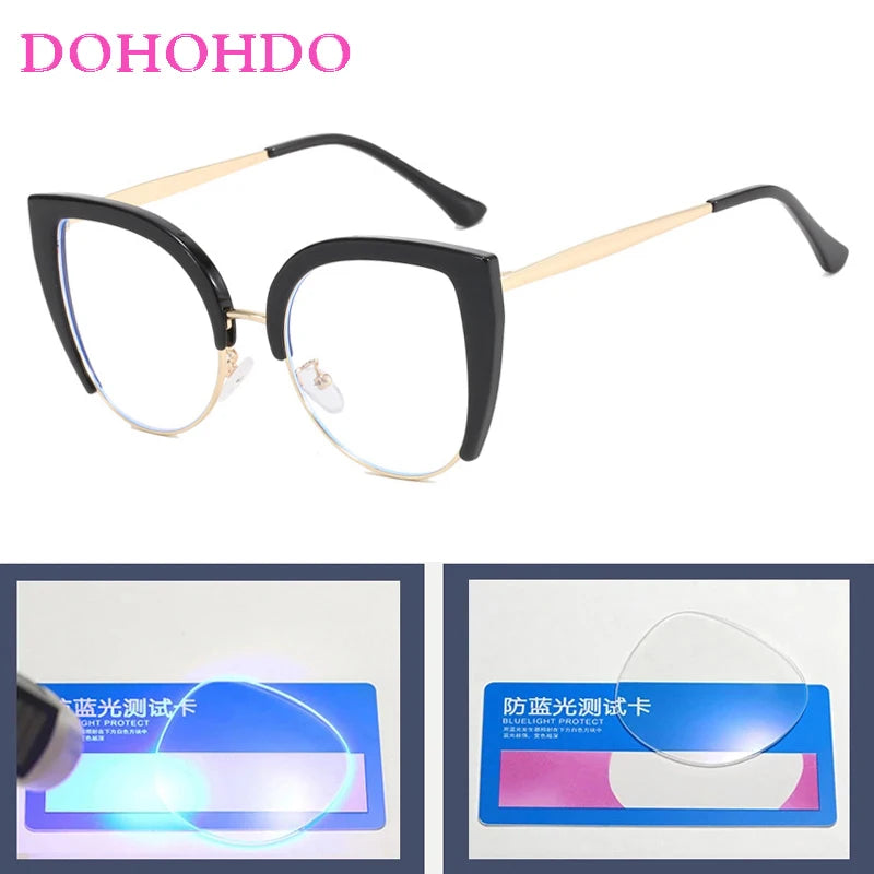 Vintage metal cat eye anti-blue light eyeglasses with gold and black frames