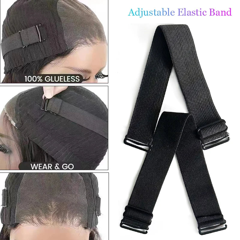 Black adjustable elastic band for lace wig edge, shown on a model's hair.