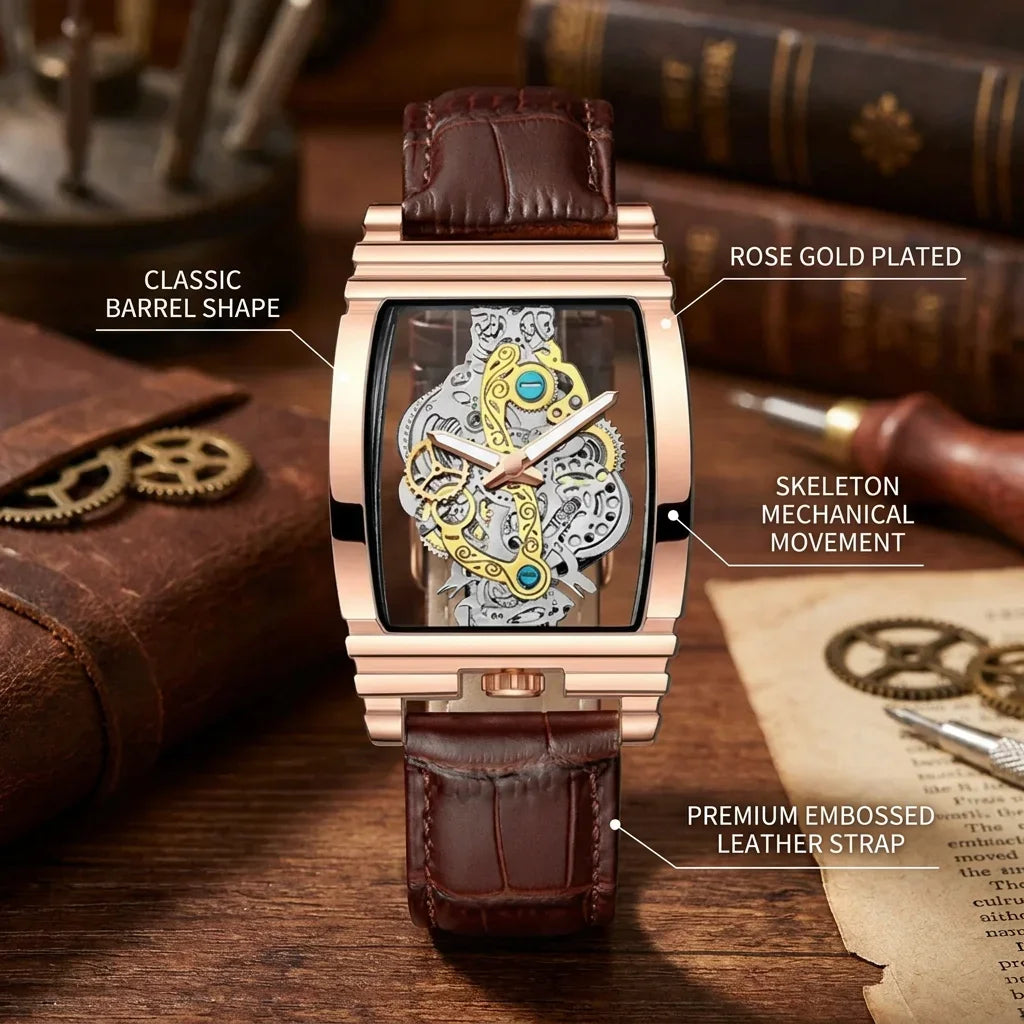 Reloj mecánico esqueleto chapado en oro rosa con correa de cuero marrón sobre una superficie de madera.