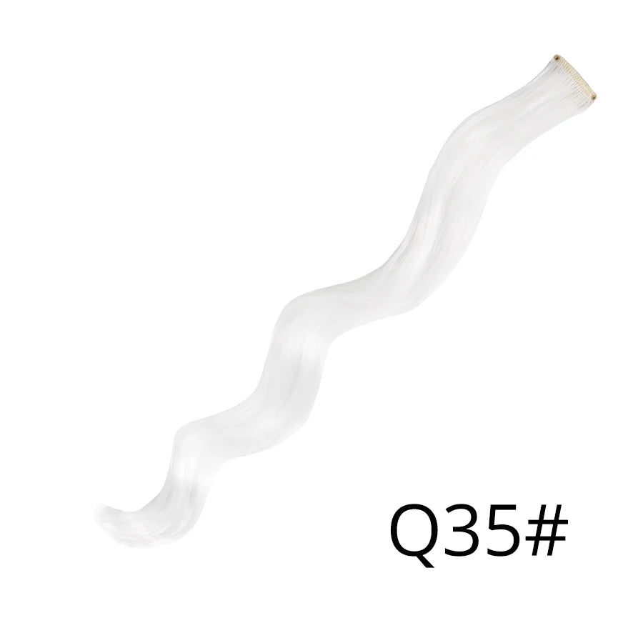 A swatch of white, wavy synthetic hair extensions shown extending upwards.