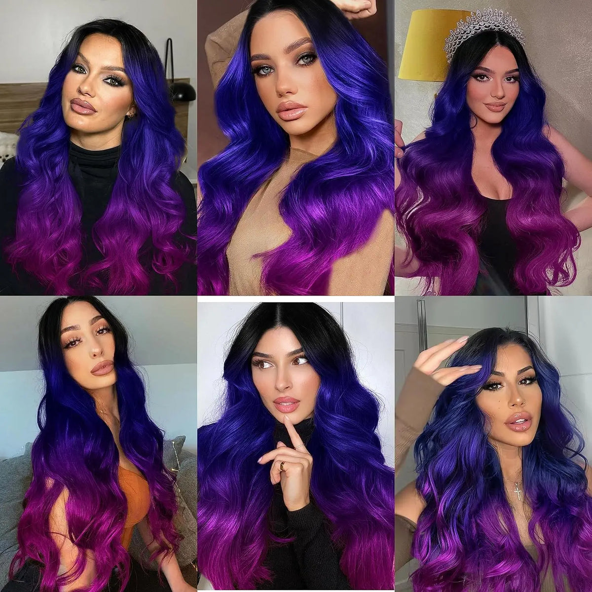 Collage von Models, die verschiedene Schattierungen und Stile einer 26-Zoll-Ombré-Violett-Bodywave-Perücke präsentieren.