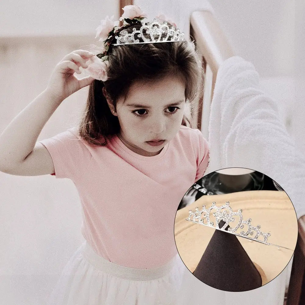 A young girl wearing a crystal hair crown and pink shirt, with a close-up of the crown detail.