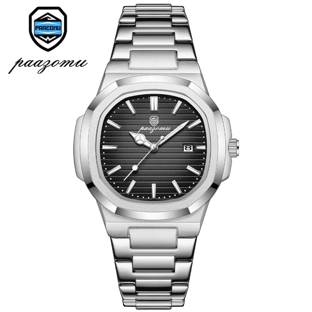 A silver-toned men's luxury quartz wristwatch with a black dial and stainless steel bracelet.