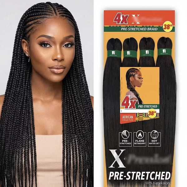A package of 4x pre-stretched 38 inch black hair extensions for protective styles.