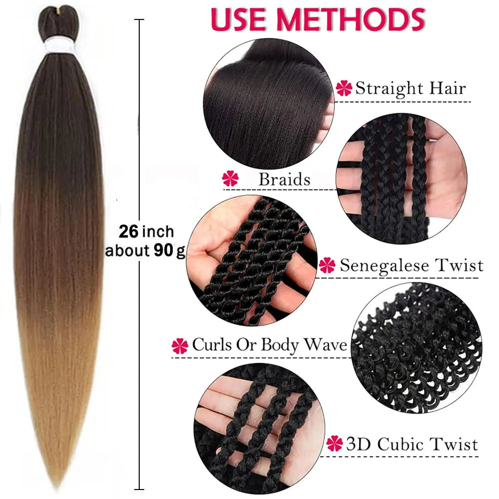 Image showing various braiding and twisting methods for 26-inch pre-stretched ombre hair extensions.