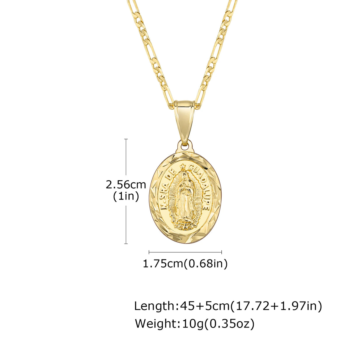 Gold chain necklace featuring a round pendant of the Virgin Mary prayer.