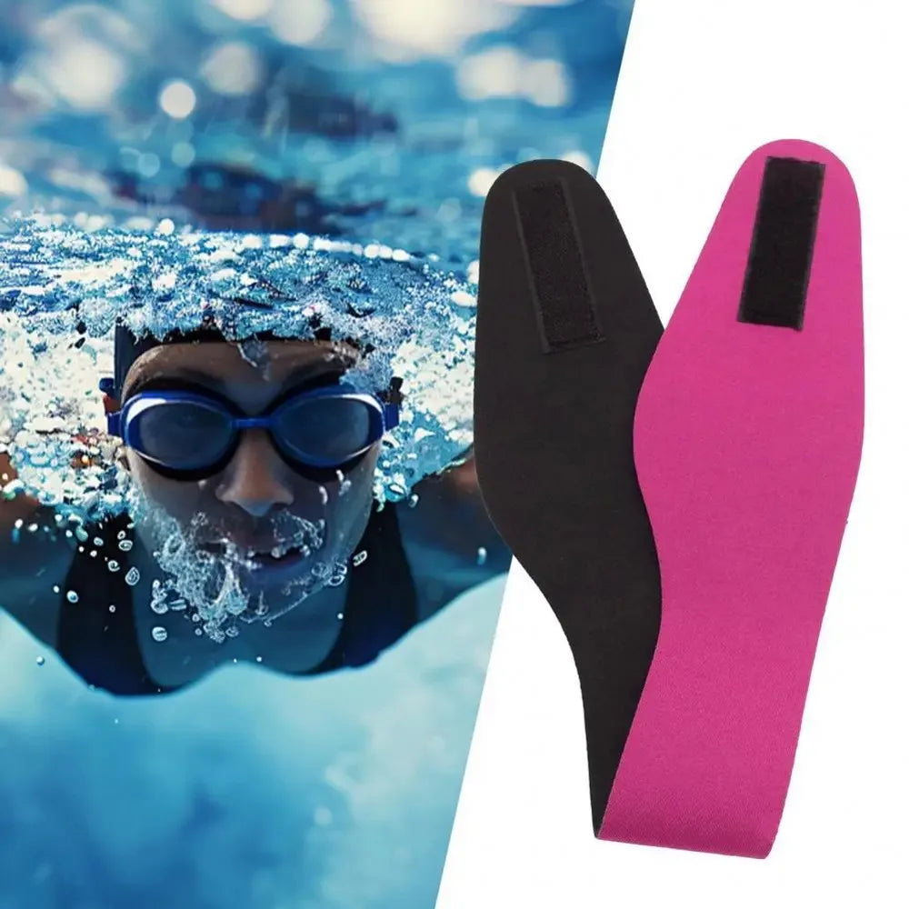 A pink adjustable swimming headband is shown next to a person swimming underwater.
