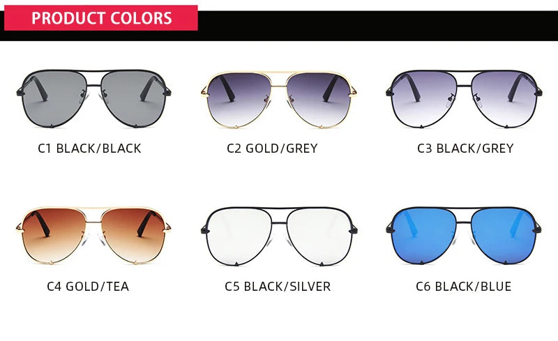 A grid showing six pairs of classic metal aviator sunglasses in various colors including black, grey, gold, and blue.