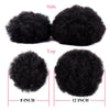 Black afro puff drawstring ponytail hair shown from side and top views with size measurements