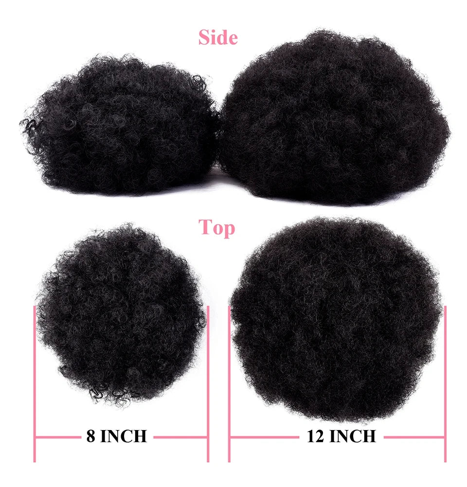 Black afro puff drawstring ponytail hair shown from side and top views with size measurements