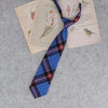 A blue and purple plaid necktie tied with a knot, resting on aged paper documents.