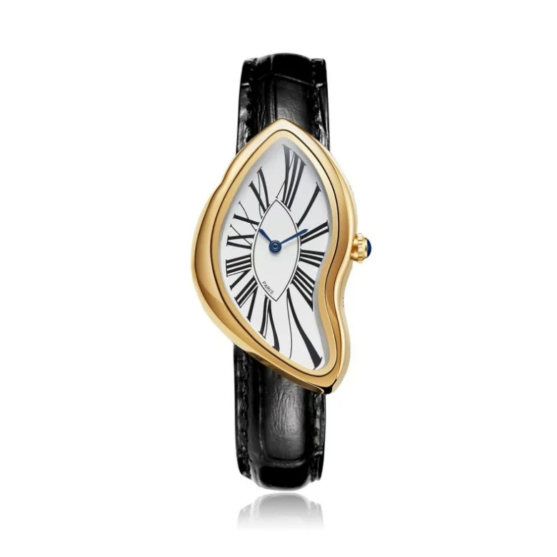 A vintage irregular quartz watch with a gold-toned face and black leather strap.
