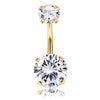 A surgical stainless steel belly button ring featuring a clear round gemstone and a matching stud.