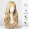 A blonde wig with long wavy hair is displayed on a mannequin, showing it can be trimmed, dried naturally, combed, curled, or 