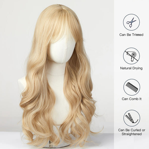 A blonde wig with long wavy hair is displayed on a mannequin, showing it can be trimmed, dried naturally, combed, curled, or 