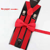 A set of red adjustable polyester suspenders and bow ties displayed on a black background.