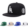 Black embroidered cotton flat edge baseball cap featuring a white LA logo and Los Angeles emblem.