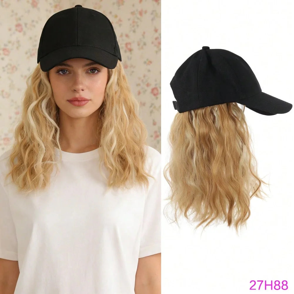 A model wearing a black adjustable short wave wig and cap, shown in a close-up and full view.