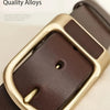 A close-up of a brown leather strap and gold-toned buckle for a men's coboy style PU belt.