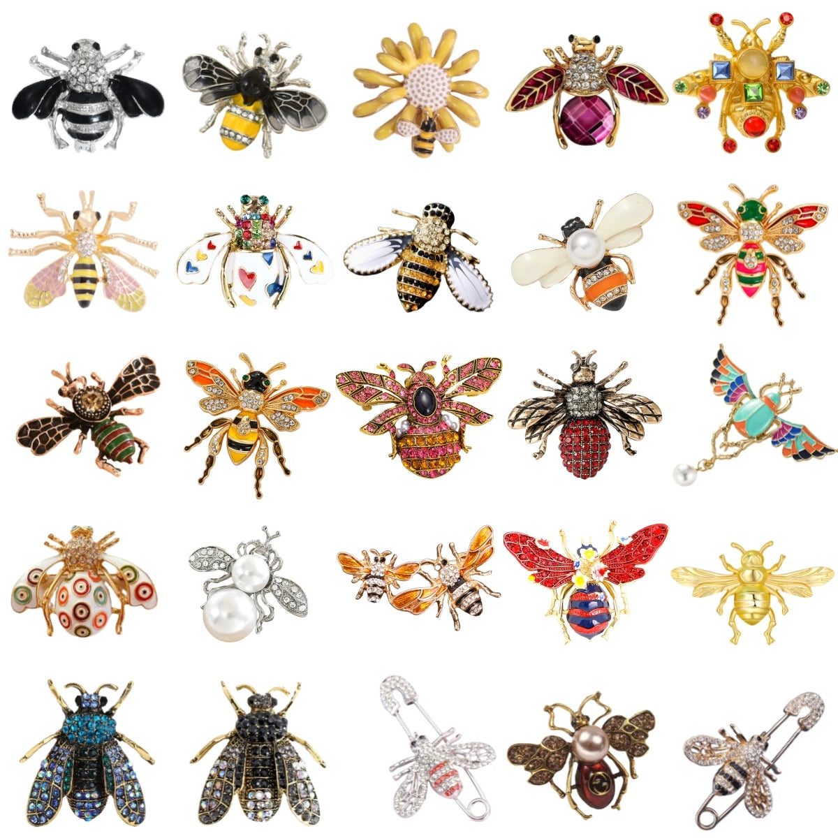 Collection de broches de abeille et d'insectes baroques avec détails complexes et gemmes colorées.