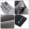 Gants de chevauchement noirs et gris, protection UV en soie glacée, vue de la paume et du bracelet.