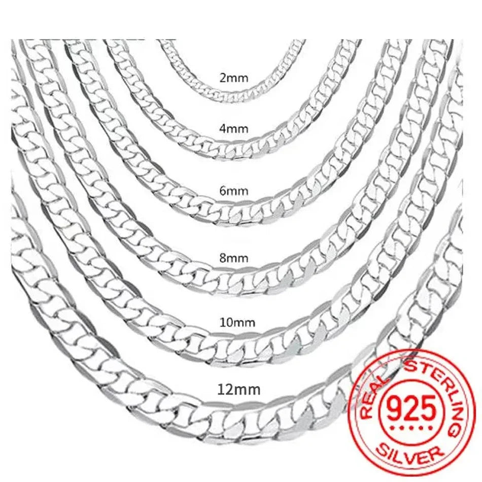 A series of silver geometric face chain necklaces shown with varying link sizes from 2mm to 12mm.