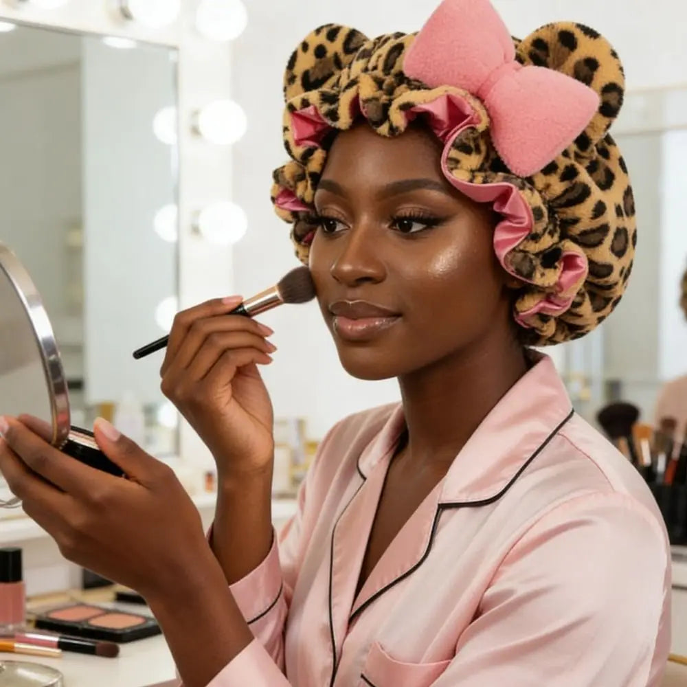 A woman wearing a leopard print hair drying cap while applying makeup in a brightly lit room.