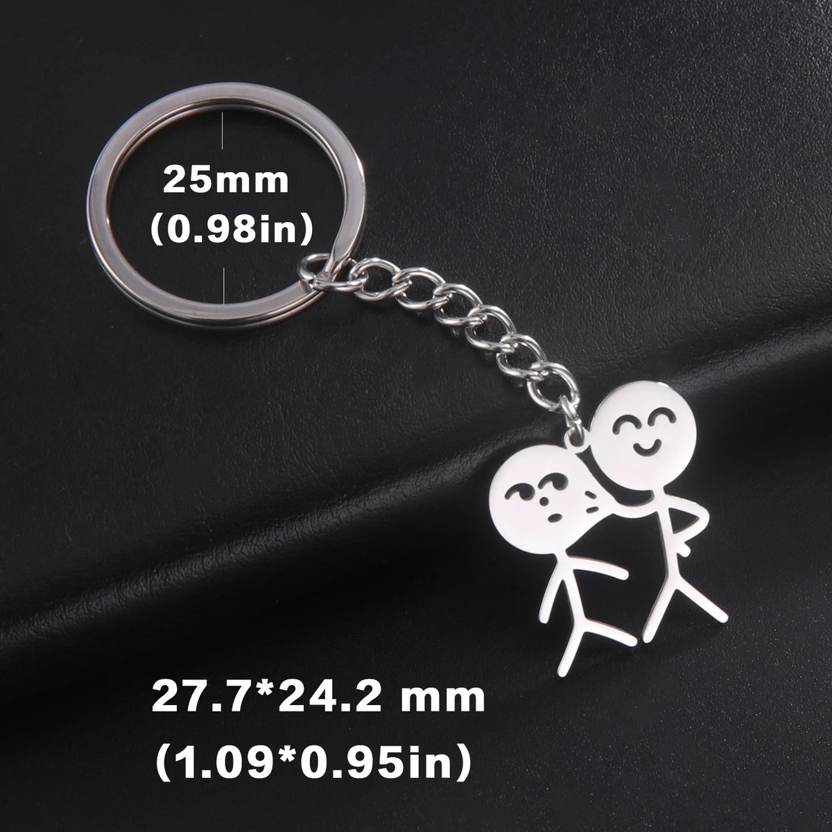 Silver keychain featuring two stick figures making a middle finger gesture