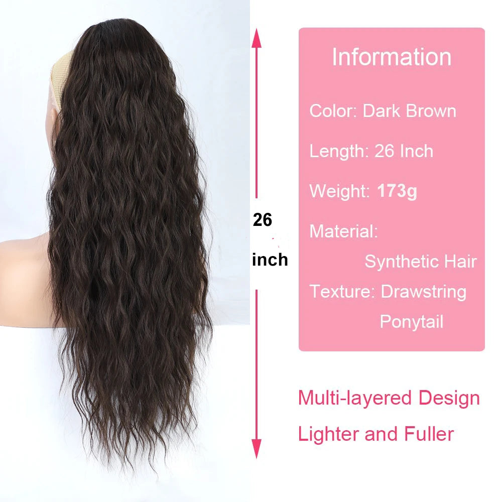 Extensions de cheveux synthétiques brun foncé à plusieurs couches, montrées en queue de cheval