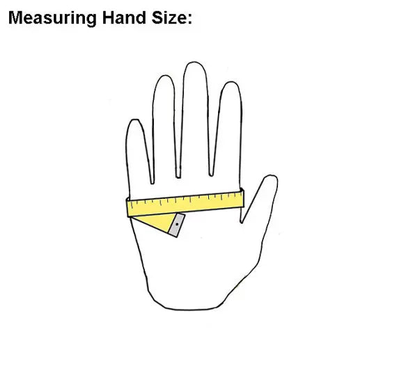 A hand is shown with a yellow measuring tape placed across the palm to measure hand size.