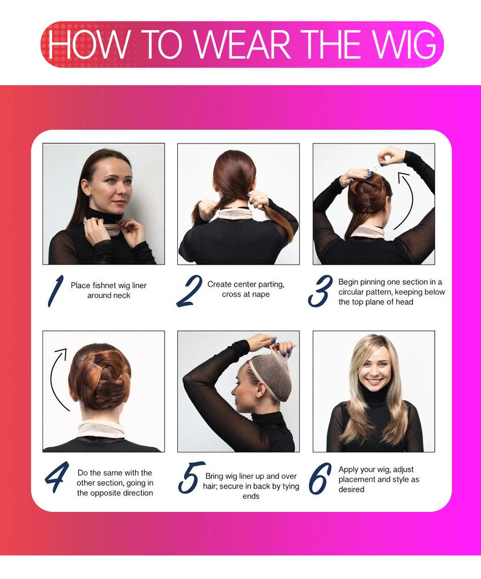 A six-step guide showing how to wear a wig, including placing the wig liner and securing sections.