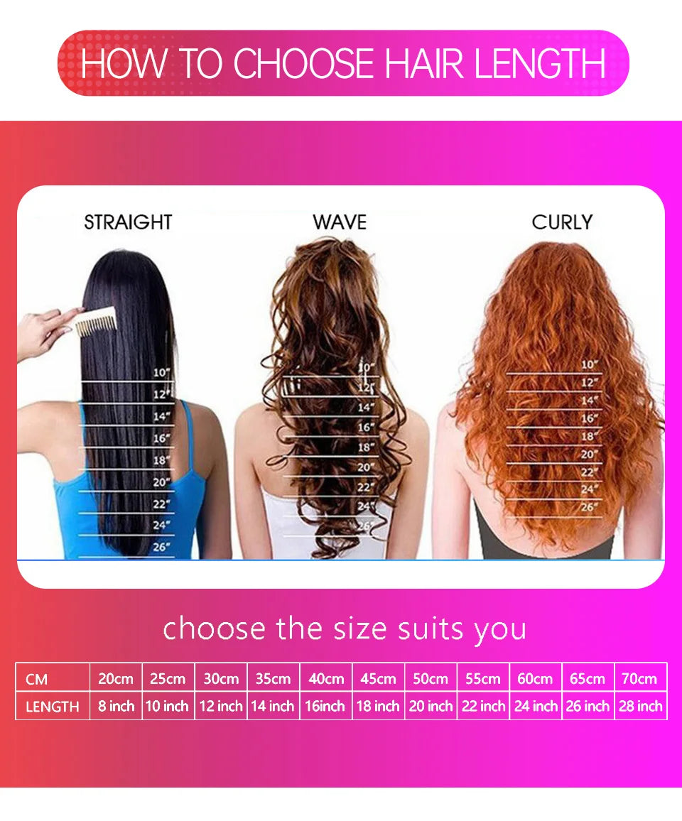 Guide showing straight, wavy, and curly hair lengths with corresponding sizes for choosing hair length.