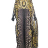 Elegant printed silk kaftan dress featuring a black and gold leopard print design